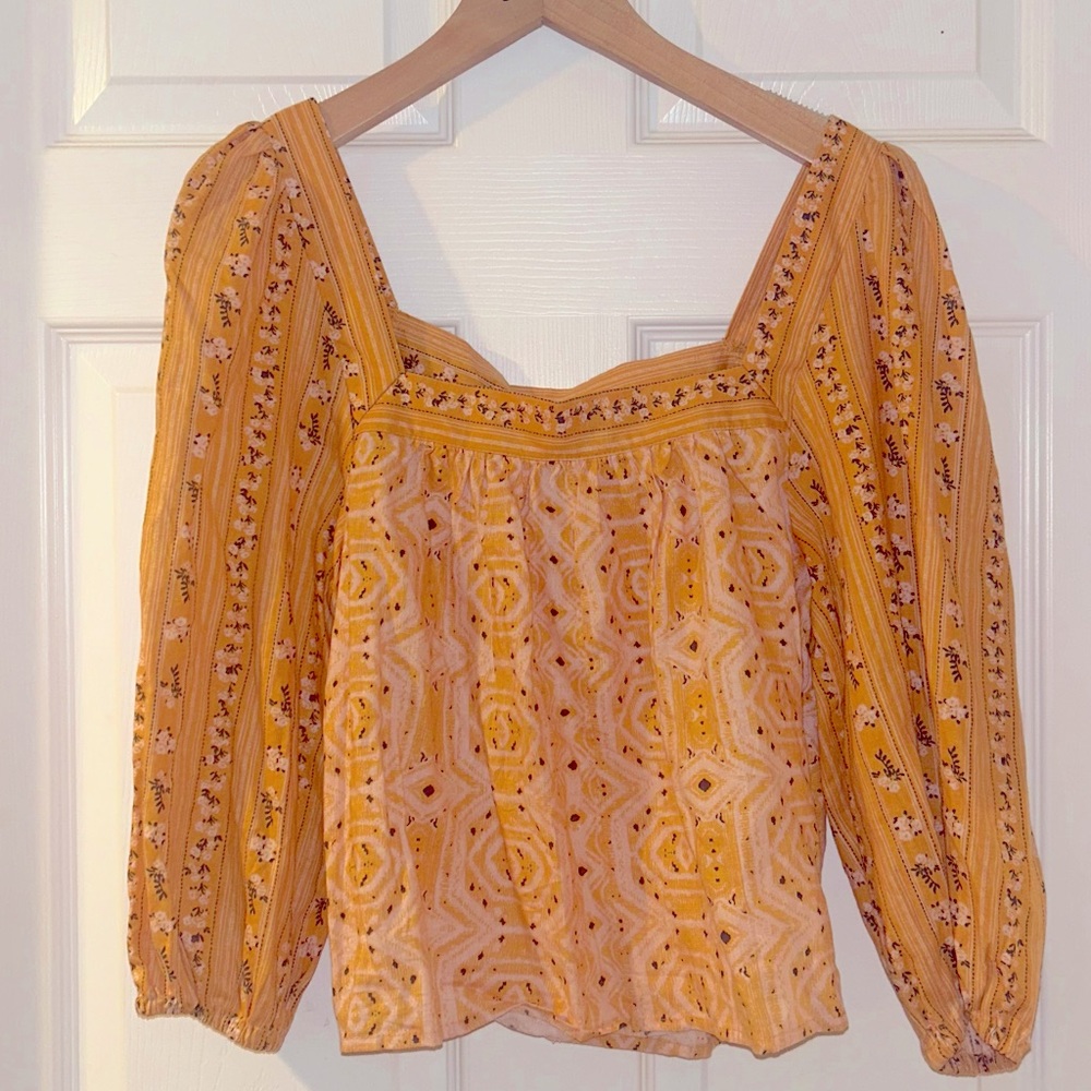 C&C California Linen Blend Square Neck Blouse Yellow Size Small